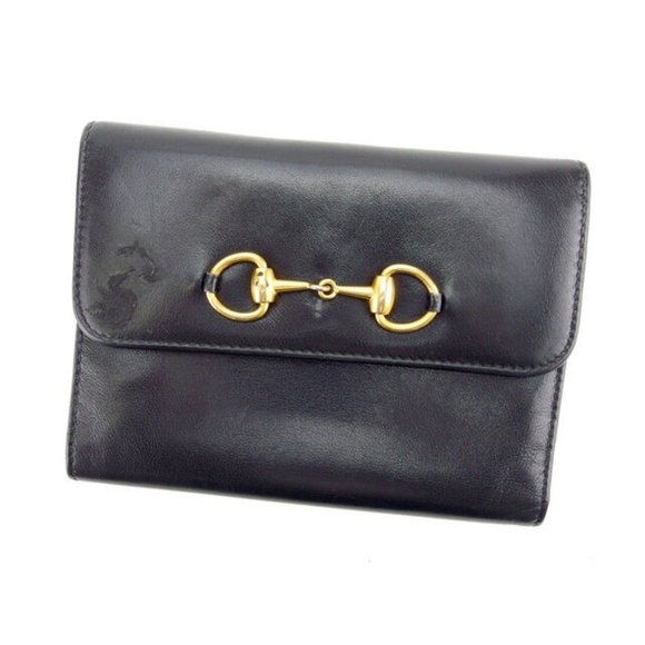 Gucci Wallet Purse Trifold Black Gold Woman Authentic Used Y3432 - Picture 1 of 6